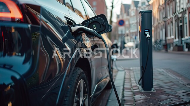 وسائل النقل صديقة البيئة في المملكة العربية السعودية, تعبئة السيارة في المحطة على جانب الطريق, صورة مقربة لشاحن كهربائي موصول بالمركبة الحديثة, السيارات الكهربائية المتطورة في السعودية