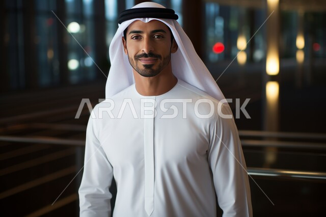 الأناقة والاهتمام بالمظهر الخارجي, إظهار الرجولة العربية,  شاب عربي خليجي سعودي مبتسم يرتدي الغترة والثوب التقليدي يقف بتعابير البشاشة, النظر للكاميرا بإيماءات الثقة بالنفس