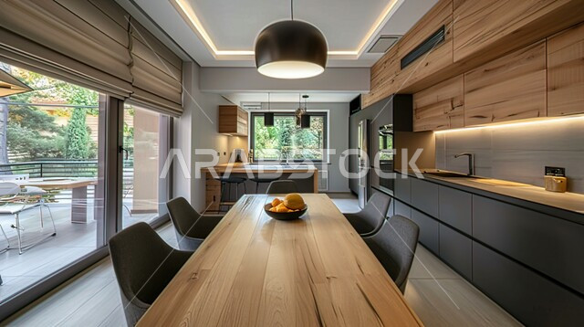 الفنون الهندسية المتميزة في تصميم طاولة الطعام المستطيلة، استخدام الطراز الفني الانيق في الأثاث المنزلي، شقق وفلل سكنية راقية في السعودية، مطبخ بديكورات داخلية عصرية فاخرة 