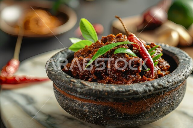 أطباق اللحوم الحمراء اللذيذة، مطاعم و مطابخ لتقديم الطعام في المملكة العربية السعودية، وصفات المطبخ السعودي، وجبة غداء شهية، طبق من لحم الرندانج المطهي مع التوابل والصلصة الحارة