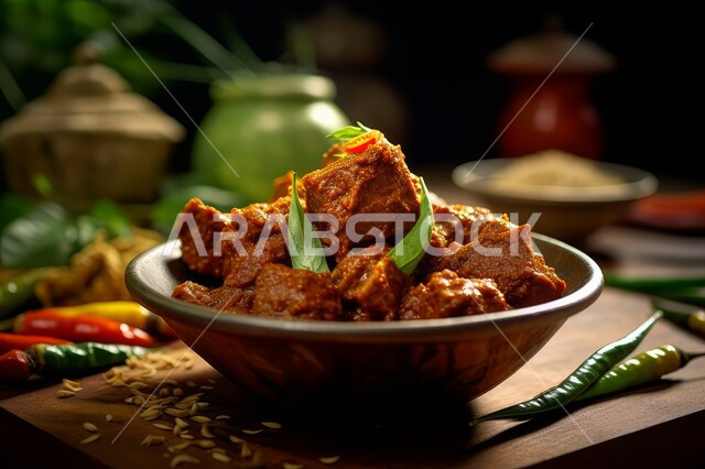 اللحوم الحمراء اللذيذة، مطاعم و مطابخ لتقديم الطعام في المملكة العربية السعودية، وصفات المطبخ السعودي، وجبة غداء شهية، طبق من لحم الرندانج المطهي مع التوابل والصلصة الحارة