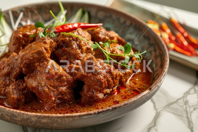 مطابخ ومطاعم لتقديم الطعام في المملكة العربية السعودية، وصفات المطبخ السعودي، وجبة غداء شهية، طبق من لحم الرندانج المطهي مع التوابل والصلصة الحارة، اللحوم الحمراء اللذيذة