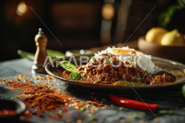 أطباق ووجبات عربية تقليدية شعبية، مطاعم المملكة العربية السعودية, المأكولات الشرقية الشهية, وصفات وأكلات طعام المطبخ السعودي، طبق من قطع لحم الرندانج والتوابل الحارة المحمر مع الأرز الأبيض