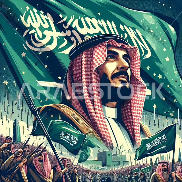 Commemoration of Saudi National Day, September 23, celebration of Flag Day, March 11, illustrations of a Saudi Gulf Arab man wearing the traditional thobe and shemagh, Najdi Ardha band, national celebrations and events, background of the banner of monotheism and Islam