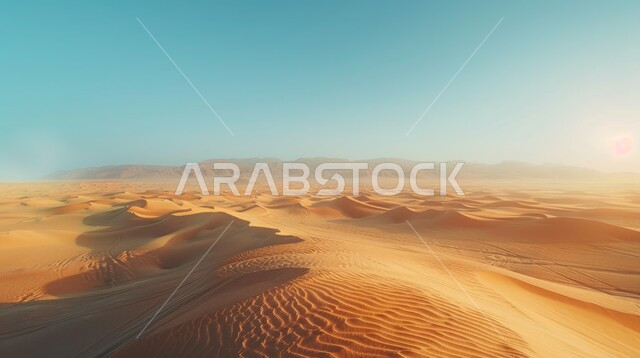 Desert areas and desert natural environment during the day, hills, plateaus and sandy terrain in the prairies, sand formations and formations in the desert of the Kingdom of Saudi Arabia, soft golden sand, nature background