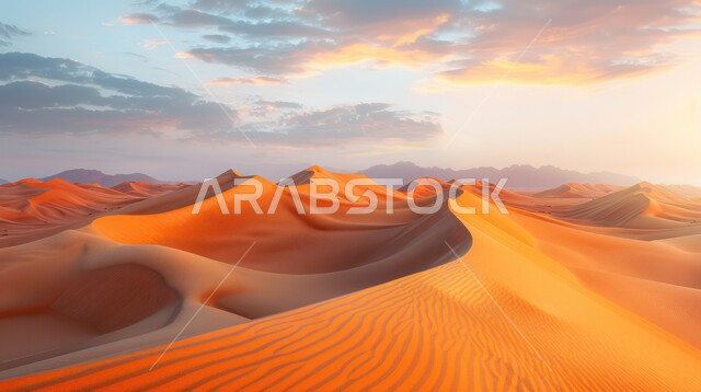 التلال والهضاب والتضاريس الرملية في البراري، مناطق البادية والبيئة الطبيعية الصحراوية وقت النهار، التكوينات والتشكلات الرملية في صحراء المملكة العربية السعودية، الرمال الناعمة الذهبية، خلفية الطبيعة