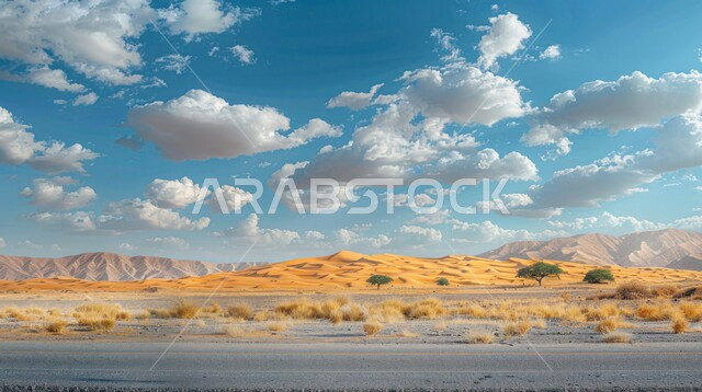 منظر السماء المليئة بالغيوم وقت النهار، مناطق البادية والبيئة الطبيعية الصحراوية، اطلالة على التلال والهضاب والتضاريس الرملية في البراري، الشوارع والطرقات الاسفلتية المعبدة، الرمال الناعمة الذهبية، خلفية الطبيعة