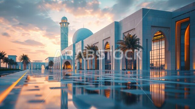 اطلالة المآذن والقبب على الفناء الخارجي للمسجد، معالم وأماكن دينية مقدسة في المملكة العربية السعودية، دعوة المسلمين لآداء الصلاة والتقرب إلى الله تعالى، الفن الهندسي المعماري والديكورات الاسلامية على الطراز الحديث