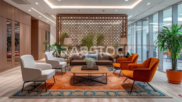 مكتب عمل بواجهه زجاجية كبيرة، تصميم عصري حديث لمكاتب الشركات السعودية، غرفة مكتبية بتصاميم داخلية وديكورات راقية مع اثاث فاخر ومريح، الفن الهندسي المعماري المتطور