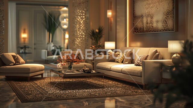 تحف واكسسوارات فاخرة، غرفة معيشة مع أثاث منزلي فاخر ومريح، التصاميم الداخلية لغرف الجلوس على الطراز الحديث، فن الهندسة المعمارية والديكور الداخلي في الفلل والشقق السكنية
