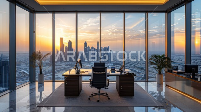 Modern contemporary design for Saudi corporate offices, office with large glass facade overlooking towers and skyscrapers, office room with elegant interior designs and decorations with luxurious and comfortable furniture, advanced architectural engineering art
