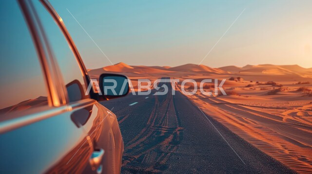 سيارة تسير وسط طريق سفر اسفلتي معبد بين الكثبان الرملية، خط سير سريع وسط الصحراء في المملكة العربية السعودية، تهيئة البنية التحتية لشوارع السفر في الطبيعة الصحراوية