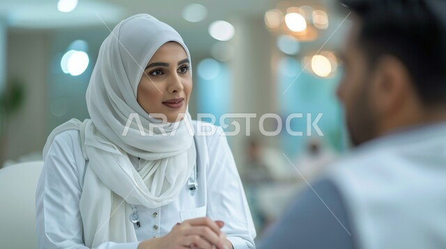 الخدمات الصحية وتقديم الاستشارات الطبية للمرضى، مفهوم الطب والرعاية الصحية ، صورة مقربة لطبيبة عربية خليجية سعودية محجبة ترتدي المعطف الطبي و السماعة الطبية تقوم بمعاينة المريض