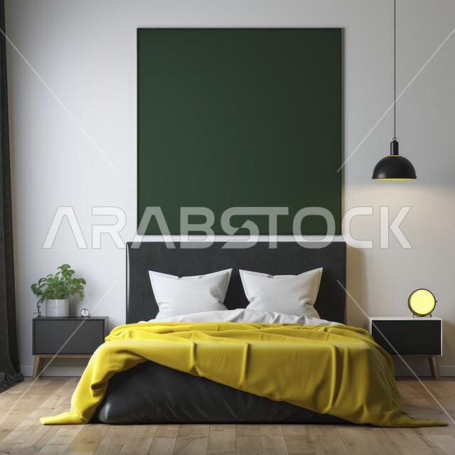 أثاث واكسسوارات منزلية داخلية أنيقة ، غرفة نوم بتصاميم عصرية حديثة ، شقق وفلل سكنية فاخرة ، فنادق ومنتجعات بديكورات راقية ، فنون التصميم الداخلي والهندسة المعمارية ، لوحة خضراء فارغة معلقة على الجدار