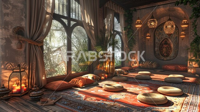 Traditional Arabic diwan with comfortable cushions, accessories and antiques in popular designs and decorations, set for an evening of tea and conversation, old heritage style architectural art, hanging decorative metal lanterns for lighting