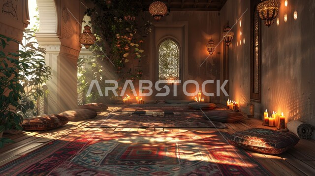 الاكسسوارات والتحف بتصاميم وديكورات شعبية، ديوان عربي تقليدي يضم وسائد مريحة، معد لأمسية من الشاي والمحادثة، الفن الهندسي المعماري على الطراز التراثي القديم، الفوانيس المعدنية المزخرفة المعلقة للإضاءة