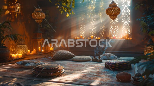 Antiques and accessories with popular designs and decorations, a traditional Arabic diwan with comfortable cushions, set for an evening of tea and conversation, old heritage style architectural art, decorative metal lanterns hanging for lighting
