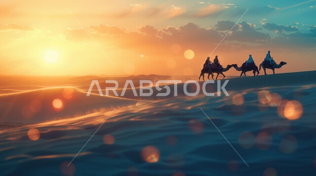 Old means of transportation, livestock breeding and care, group of men on camels in the Arabian desert at sunset in Saudi Arabia, concept of travel on camels, soft golden sand, nature background