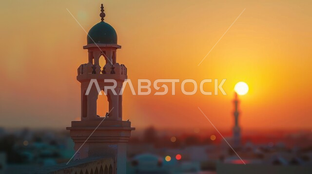 العبادة والتقرب إلى الله تعالى, نداء المسلمين لأداء الفرائض والصلوات, صورة مقربة لمأذنة المساجد الاسلامية وقت غروب الشمس, الأجواء الروحانية المتميزة, الفن الهندسي المعماري على الطراز العربي الاسلامي القديم