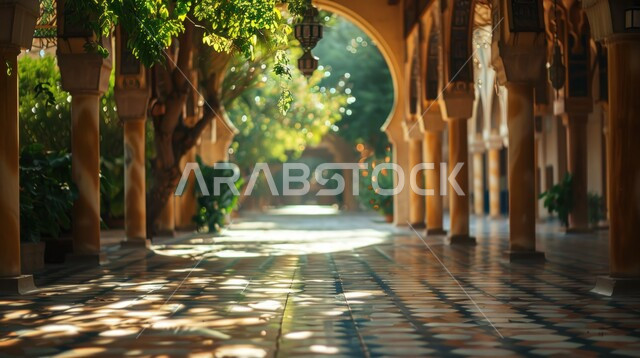 The concept of worship and drawing closer to God Almighty, the architectural engineering art of an ancient Arab mosque, the engravings and decorations of the columns and arches in the Islamic style, the elegant interior designs and decorations of the mosques, the interest in planting green plants