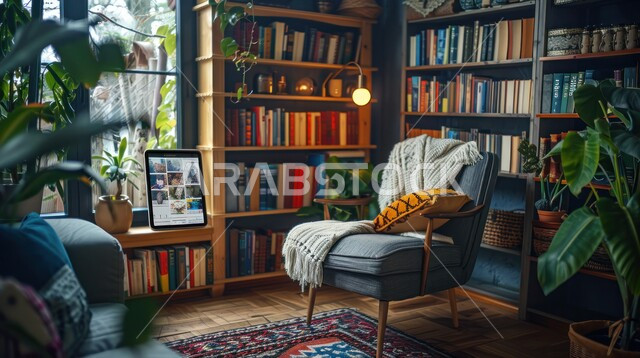 Modern office equipment, elegant and comfortable furniture, modern contemporary designs for libraries in Saudi Arabia, quiet places for reading and studying, wooden shelves filled with books, stories and organized volumes