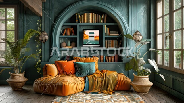 Modern contemporary designs for libraries in Saudi Arabia, quiet places for reading and studying, modern office equipment and elegant and comfortable furniture, wooden shelves filled with books, stories and organized volumes