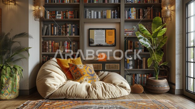 أماكن هادئة للمطالعة والقراءة, تصاميم عصرية حديثة للمكتبات في السعودية، تجهيزات مكتبية حديثة وأثاث أنيق ومريح، رفوف خشبية ممتلئة بالكتب والقصص والمجلدات المرتبة