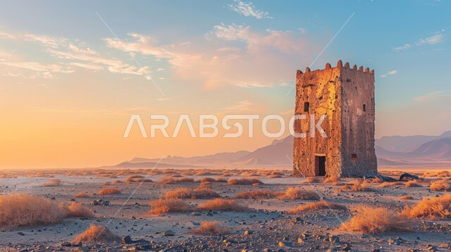 الأعشاب والنباتات الشوكية في صحراء المملكة العربية السعودية، التكوينات والتشكيلات الرملية، قلعة قديمة مهجورة في المرتفعات والهضاب في البراري، اطلالة على منظر غروب الشمس فوق المناطق الصحراوية البرية