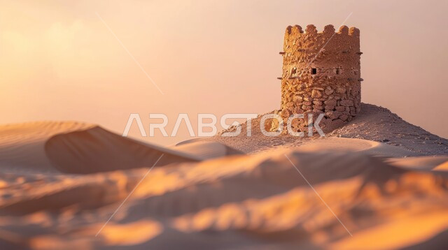 النباتات والأعشاب الشوكية في صحراء المملكة العربية السعودية، التكوينات والتشكيلات الرملية، قلعة قديمة مهجورة في المرتفعات والهضاب في البراري، اطلالة على منظر غروب الشمس فوق المناطق الصحراوية البرية