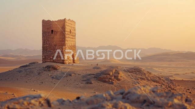 التكوينات والتشكيلات الرملية، قلعة قديمة مهجورة في المرتفعات والهضاب في البراري، النباتات والأعشاب الشوكية في صحراء المملكة العربية السعودية، اطلالة على منظر غروب الشمس فوق المناطق الصحراوية البرية