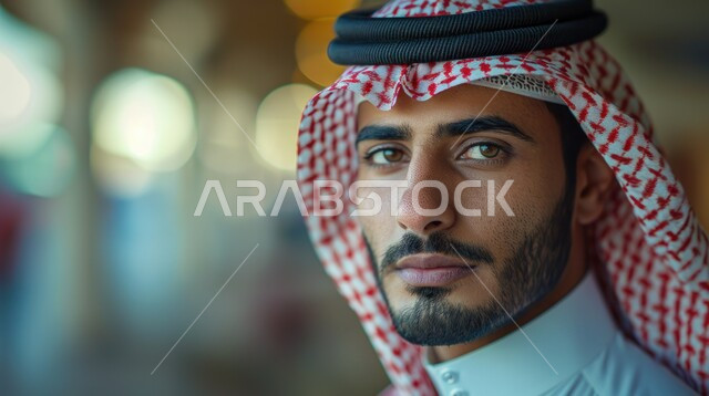 الوقوف بإيماءات الشموخ والاعتزاز بالنفس، الاعتناء والاهتمام بالمظهر الخارجي، مفهوم الأناقة والرجولة العربية، صورة مقربة لشاب عربي خليجي سعودي وسيم يرتدي الثوب الأبيض التقليدي والشماغ، النظر إلى الكاميرا بسرور