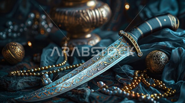 قطع الأنتيكا الشعبية الخليجية, التحف الأثرية الأصيلة في المملكة العربية السعودية, التراث والأصالة والعراقة, صناعات يدويه وحرف مميزة للأسلحة القديمة, صورة مقربة لخنجر مزخرف مصنوع على الطراز الشعبي التقليدي القديم
