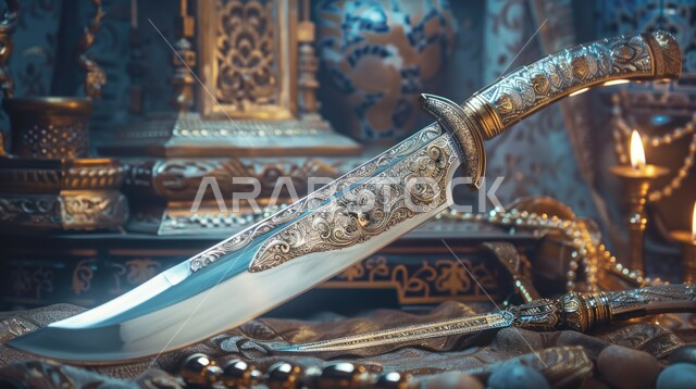التحف الأثرية الأصيلة في المملكة العربية السعودية, قطع الأنتيكا الشعبية الخليجية, التراث والأصالة والعراقة, صناعات يدويه وحرف مميزة للأسلحة القديمة, صورة مقربة لخنجر مزخرف مصنوع على الطراز الشعبي التقليدي القديم