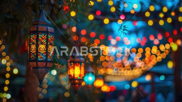 فوانيس معدنية مزخرفة مضيئة، البهجة بقدوم شهر الخير والبركة، العادات والتقاليد العربية لزينة رمضان المبارك، التهنئة بمناسبة الأعياد الإسلامية، الأجواء الروحانية الرمضانية، تحف وديكورات واكسسوارات المناسبات الدينية