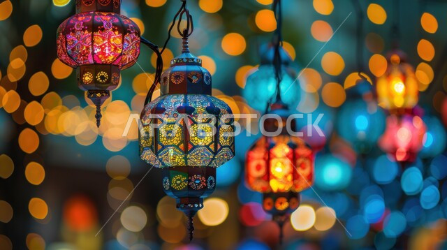Spiritual Ramadan atmosphere, illuminated decorative metal lanterns, joy of the arrival of the month of goodness and blessings, Arab customs and traditions for Ramadan decorations, congratulations on the occasion of Islamic holidays, antiques, decorations and accessories for religious occasions