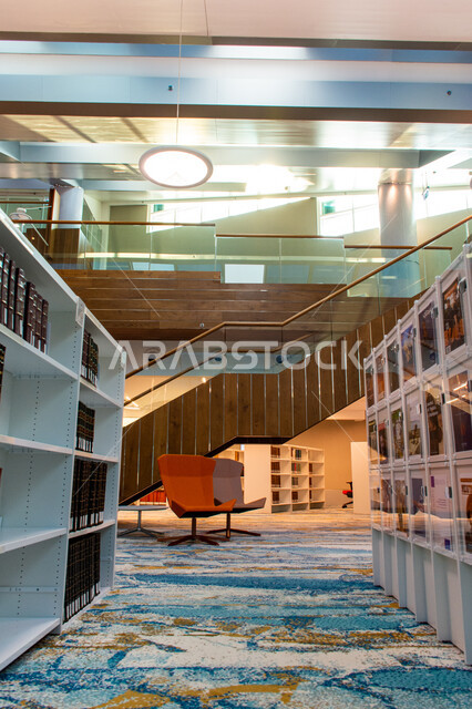 Interior design of Mohammed bin Rashid Library, rich in magazines and dictionaries in the Emirate of Dubai, a distinguished knowledge edifice and a famous cultural landmark, a beacon of culture and thought, the architectural art of libraries, museums and exhibitions in the United Arab Emirates, a place for readers and lovers of science and knowledge