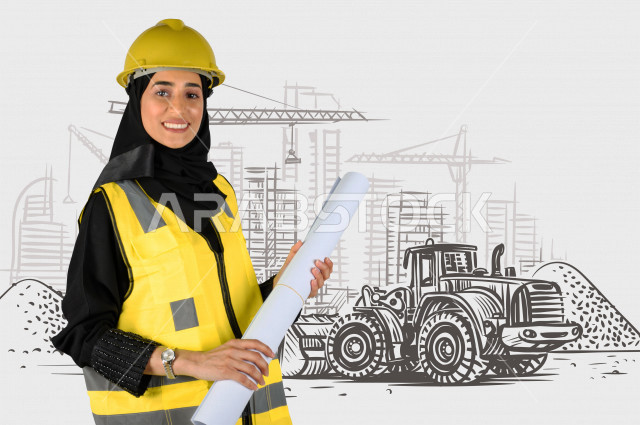 امرأة عربية خليجية سعودية  ،تعمل في مهنة الهندسة ، تحمل بيدها مخطط هندسي خاص بالبناء ، مشروع جديد ، تخطيط هندسي مبتكر ، مع خلفية رسم يدوي لانشاءات معمارية 