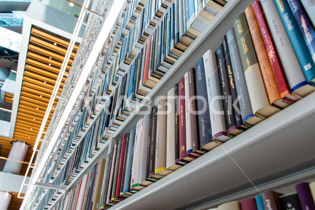 Bookshelves in the Mohammed bin Rashid Library, rich in magazines and dictionaries in the Emirate of Dubai, a distinguished knowledge edifice and a famous cultural landmark, a beacon of culture and thought, the architectural art of libraries, museums and exhibitions in the United Arab Emirates, a place for readers and lovers of science and knowledge