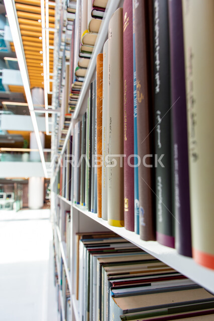 Bookshelves in the Mohammed bin Rashid Library, rich in magazines and dictionaries in the Emirate of Dubai, a distinguished knowledge edifice and a famous cultural landmark, a beacon of culture and thought, the architectural art of libraries, museums and exhibitions in the United Arab Emirates, a place for readers and lovers of science and knowledge