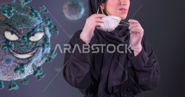 فتاه سعودية تقوم بارتداء الكمامة ، تتبع اجراءات الوقاية و السلامة من كوفيد - 18 ، ارتداء الكمامة الطبية  للحد من انتشار الفايروس ، الوقاية من خطر الاصابة ، الالتزام بارشادات وزارة الصحة ، خلفية سوداء ، فايروس كورونا