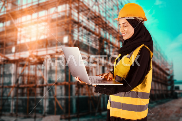 امرأة عربية خليجية سعودية ترتدي قبعة العمل ،تعمل في مهنة الهندسة ، تحمل بيدها حاسوب محمول ، مشروع جديد ، تخطيط هندسي مبتكر ، مع خلفية مبنى قيد الانشاء 
