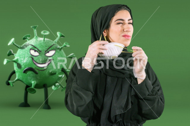 فتاه سعودية تقوم بارتداء الكمامة ، تتبع اجراءات الوقاية و السلامة من كوفيد - 18 ، ارتداء الكمامة الطبية  للحد من انتشار الفايروس ، الوقاية من خطر الاصابة ، الالتزام بارشادات وزارة الصحة ، خلفية خضراء ، فايروس كورونا