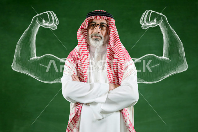  رجل عربي سعودي كبير بالسن مكتف اليدين , يرتدي ثوب أبيض مع شماغ وعقال , يرتدي نظارات ، خلفية خضراء مرسوم عليها عضلات ،مفهوم تعابيرالوجه ولغة الجسد المختلفة