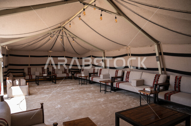 Civilization, heritage and Saudi heritage, old tents in the old style, quiet atmosphere in camping places, canvas roof supported by wood, adventures and wild hutches, lifestyle in the desert, traditional popular gatherings