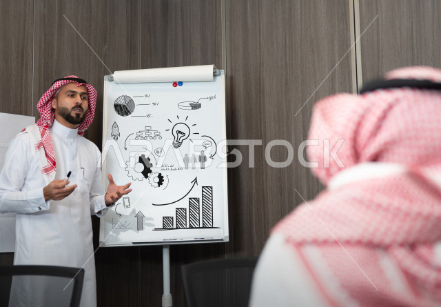 صورة  لرجل أعمال عربي ، سعودي ، خليجي يقدم دورة لفريق عمل في شركة ، من خلال الشرح على لوح أبيض يوضح رسومات و أيقونات لها علاقة بتطوير الأفكار ، والابداع ، تخطيط الأهداف و المشاريع ، الانجاز ، التنمية ، دعم الفريق ، ايماءات جسدية ولغة الجسد .