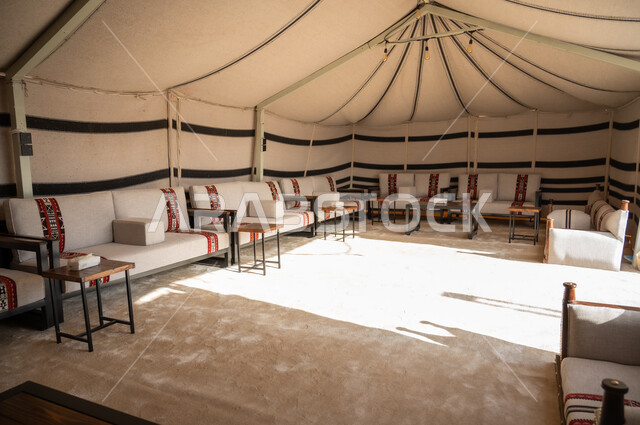 Civilization, heritage and Saudi heritage, old tents in the old style, quiet atmosphere in camping places, canvas roof supported by wood, adventures and wild hutches, lifestyle in the desert, traditional popular gatherings