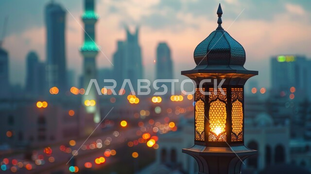 مآذن الجوامع والمساجد في المملكة، دعوة ونداء المسملين للصلاة، ارتفاع صوت الأذان، العبادة والتقرب إلى الله، صورة مقربة لمنارة مسجد على شكل فانوس مضيئة في إحدى مساجد السعودية، خلفية الأبراج وناطحات السحاب ليلا