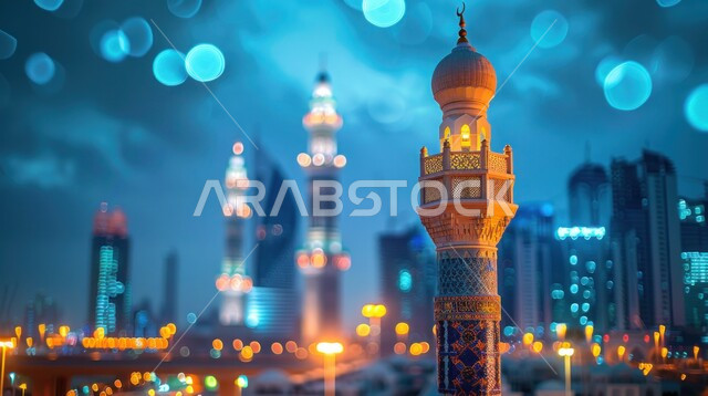 دعوة ونداء المسملين للصلاة، ارتفاع صوت الأذان، العبادة والتقرب إلى الله، صورة مقربة لمنارة مسجد على شكل فانوس مضيئة في إحدى مساجد السعودية، مآذن الجوامع والمساجد في المملكة، خلفية الأبراج وناطحات السحاب ليلا