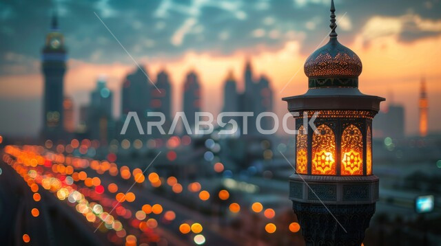العبادة والتقرب إلى الله، صورة مقربة لمنارة مسجد على شكل فانوس مضيئة في إحدى مساجد السعودية، ارتفاع صوت الأذان، دعوة ونداء المسملين للصلاة، مآذن الجوامع والمساجد في المملكة، خلفية الأبراج وناطحات السحاب ليلا