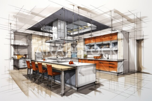 الفنون الهندسية المتميزة في تصميم طاولة الطعام المستطيلة ، استخدام الطراز الفني الانيق في الاثاث المنزلي، شقق وفلل سكنية في السعودية ، رسوم توضيحية ثلاثية الابعاد لمطبخ بديكورات داخاية عصرية فاخرة